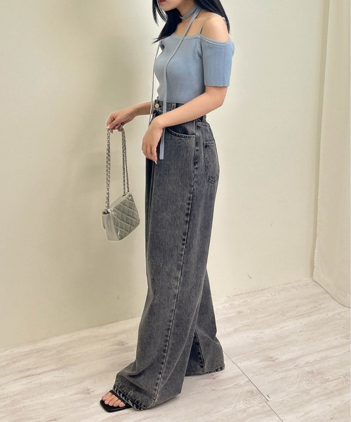 INGNI（イング）の「チョーカー付ワンショル半袖ニット（ニット/セーター・レディース・ブラック/オフホワイト/ブルー・M）」の4枚目の写真