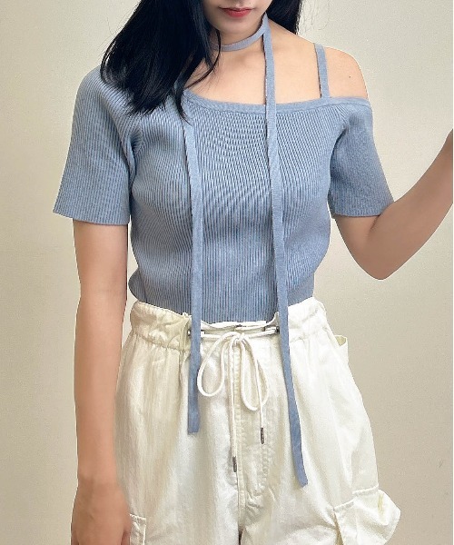 INGNI（イング）の「チョーカー付ワンショル半袖ニット（ニット/セーター・レディース・ブラック/オフホワイト/ブルー・M）」の7枚目の写真