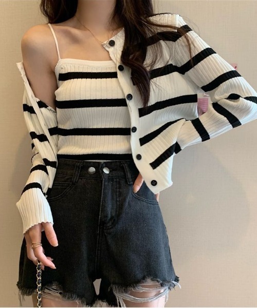 searoomlynn Multiボーダーrib カーディガン&キャミセット（KNIT