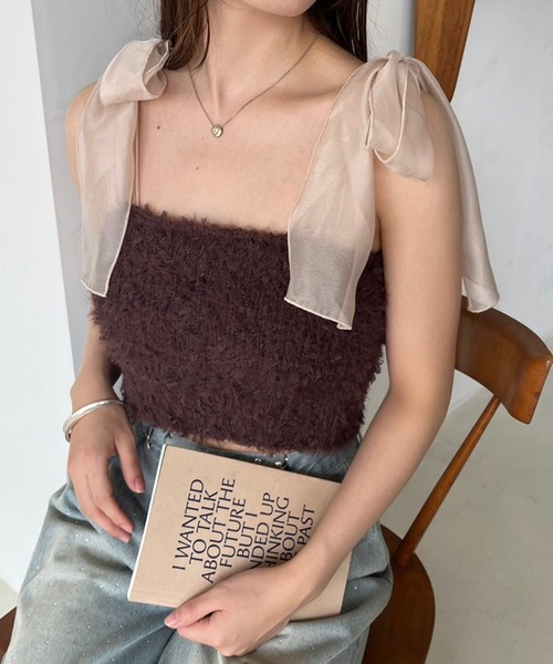 one after another NICE CLAUP（ワンアフターアナザーナイスクラップ）の「肩リボンチュールフェザービスチェ【セットで着れるカーディガンあり】（キャミソール・レディース・ラベンダー/ブラウン/アイボリー/チャコールグレー・FREE）」の8枚目の写真