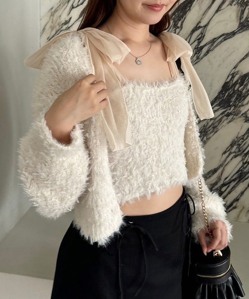 one after another NICE CLAUP（ワンアフターアナザーナイスクラップ）の「肩リボンチュールフェザービスチェ【セットで着れるカーディガンあり】（キャミソール・レディース・ラベンダー/ブラウン/アイボリー/チャコールグレー・FREE）」の6枚目の写真