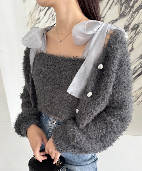 one after another NICE CLAUP（ワンアフターアナザーナイスクラップ）の「肩リボンチュールフェザービスチェ【セットで着れるカーディガンあり】（キャミソール・レディース・ラベンダー/ブラウン/アイボリー/チャコールグレー・FREE）」の15枚目の写真