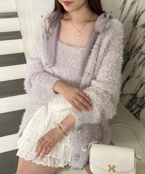 one after another NICE CLAUP（ワンアフターアナザーナイスクラップ）の「肩リボンチュールフェザービスチェ【セットで着れるカーディガンあり】（キャミソール・レディース・ラベンダー/ブラウン/アイボリー/チャコールグレー・FREE）」の20枚目の写真