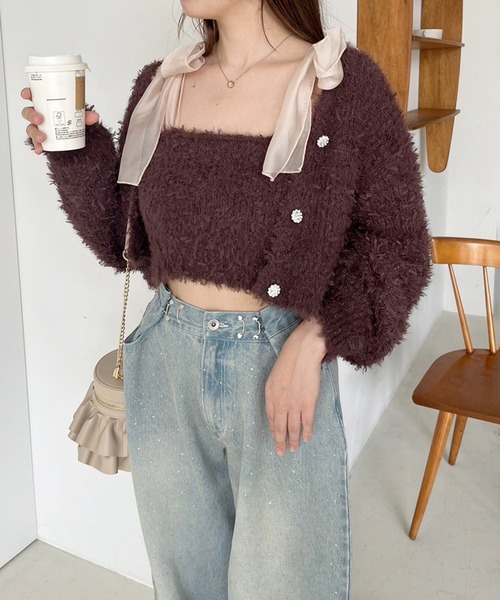 one after another NICE CLAUP（ワンアフターアナザーナイスクラップ）の「肩リボンチュールフェザービスチェ【セットで着れるカーディガンあり】（キャミソール・レディース・ラベンダー/ブラウン/アイボリー/チャコールグレー・FREE）」の9枚目の写真