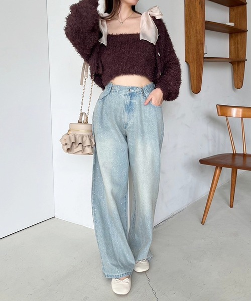 one after another NICE CLAUP（ワンアフターアナザーナイスクラップ）の「肩リボンチュールフェザービスチェ【セットで着れるカーディガンあり】（キャミソール・レディース・ラベンダー/ブラウン/アイボリー/チャコールグレー・FREE）」の10枚目の写真