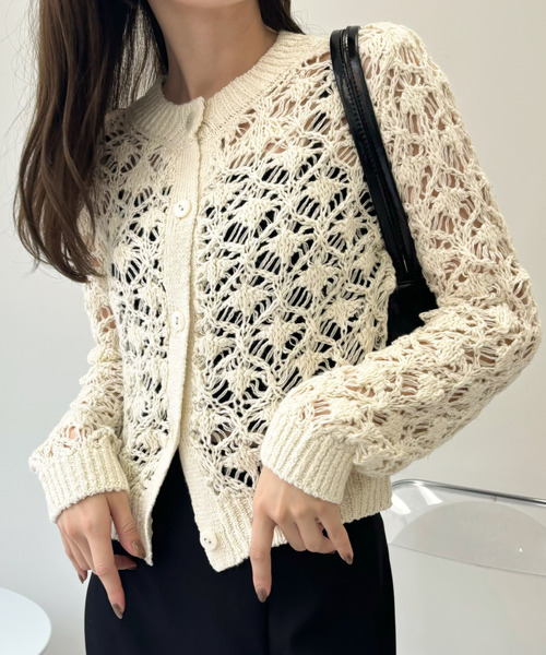 ORION LONDON♡メッシュ編み ロングカーディガン かぎ編み セール】【Eclat one】かぎ針編み メッシュ カーディガン