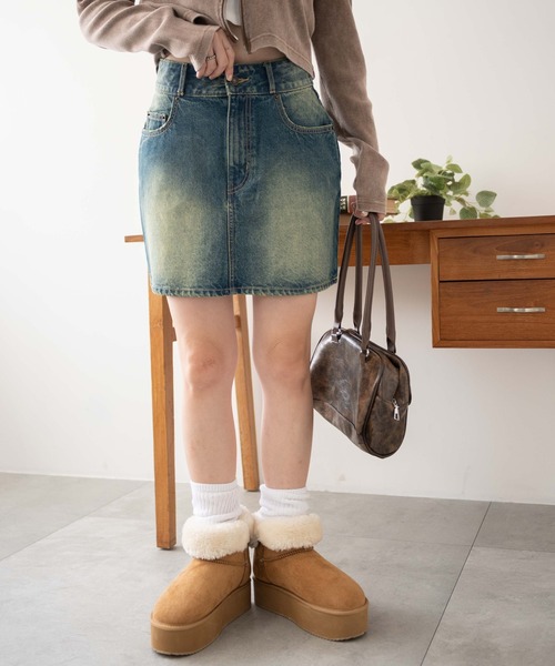 セール】WEGO/ヴィンテージウォッシュ台形デニムミニスカート