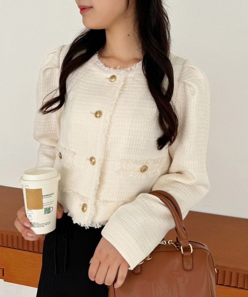 one after another NICE CLAUP(ワンアフターアナザーナイスクラップ)の「【WEB限定】ツイードジャケット(ノーカラージャケット・レディース・ブラウン/アイボリー/ブラック/ブラック系その他・FREE)」の2枚目の写真