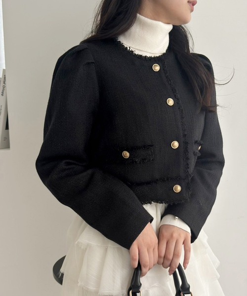one after another NICE CLAUP(ワンアフターアナザーナイスクラップ)の「【WEB限定】ツイードジャケット(ノーカラージャケット・レディース・ブラウン/アイボリー/ブラック/ブラック系その他・FREE)」の3枚目の写真