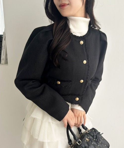 one after another NICE CLAUP(ワンアフターアナザーナイスクラップ)の「【WEB限定】ツイードジャケット(ノーカラージャケット・レディース・ブラウン/アイボリー/ブラック/ブラック系その他・FREE)」の10枚目の写真