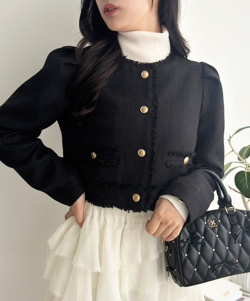 one after another NICE CLAUP(ワンアフターアナザーナイスクラップ)の「【WEB限定】ツイードジャケット(ノーカラージャケット・レディース・ブラウン/アイボリー/ブラック/ブラック系その他・FREE)」の12枚目の写真