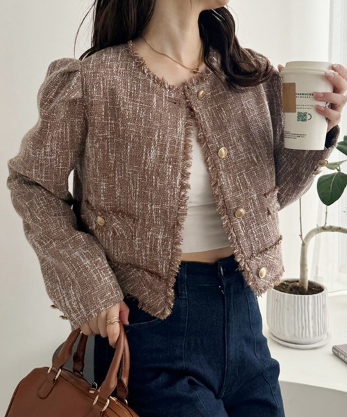 one after another NICE CLAUP(ワンアフターアナザーナイスクラップ)の「【WEB限定】ツイードジャケット(ノーカラージャケット・レディース・ブラウン/アイボリー/ブラック/ブラック系その他・FREE)」の21枚目の写真