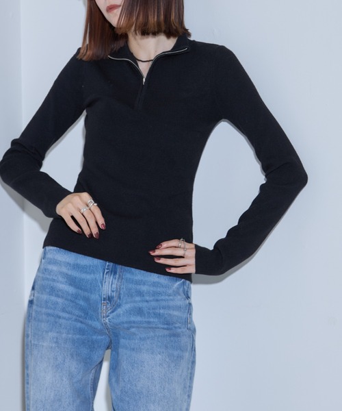 leimn(レイムン)の「フィンガーホールハーフジップリブニットポロシャツ(ニット/セーター・レディース・アイボリー/チャコールグレー/ブラック・FREE)」の10枚目の写真