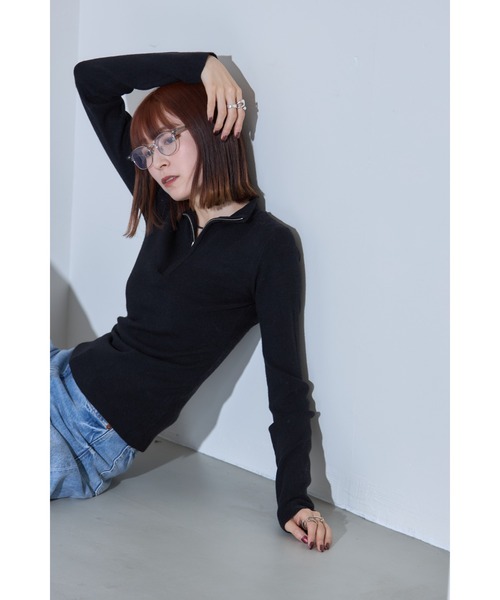 leimn(レイムン)の「フィンガーホールハーフジップリブニットポロシャツ(ニット/セーター・レディース・アイボリー/チャコールグレー/ブラック・FREE)」の9枚目の写真