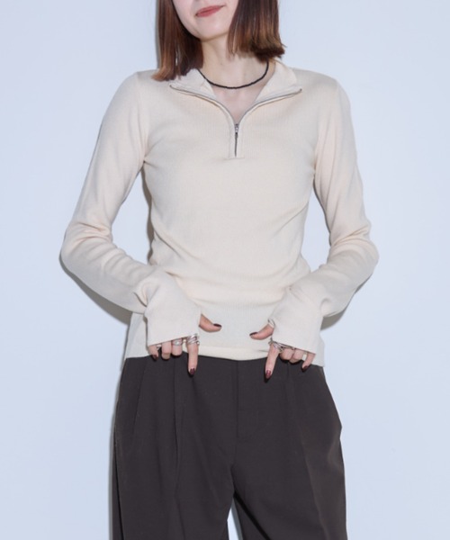leimn(レイムン)の「フィンガーホールハーフジップリブニットポロシャツ(ニット/セーター・レディース・アイボリー/チャコールグレー/ブラック・FREE)」の16枚目の写真