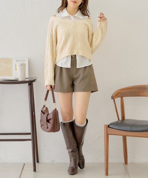 【新品】キュロット　ショートパンツ セール】【セットアップ対応】ダブルベルトキュロットショート