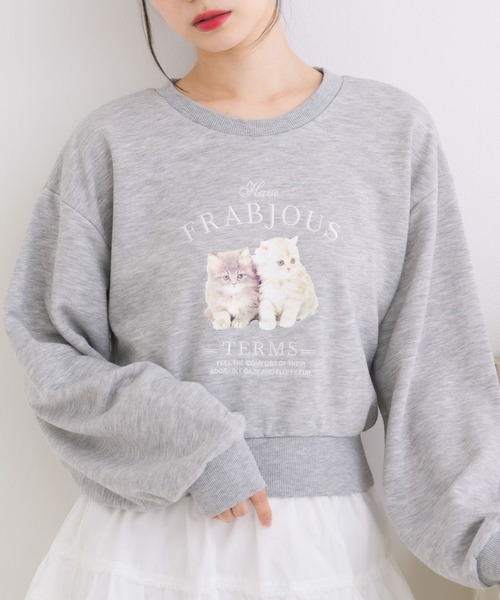 ems excite(エムズエキサイト)の「catsロゴショートトレーナー(Tシャツ/カットソー・レディース・ダークグレー/ナチュラル/ブルー・FREE)」の1枚目の写真