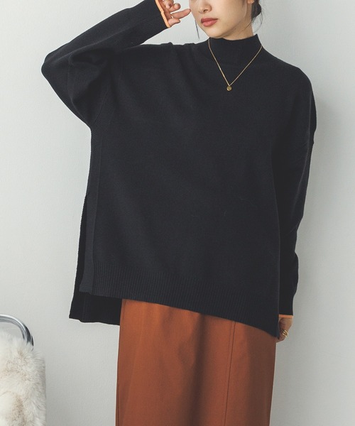 【セール】【静電気防止】やわもちヤーン 袖配色 オーバータートルニット（ニット/セーター）｜hunch（ハンチ）