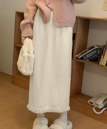 ロングスカート 裾フリンジニットスカート