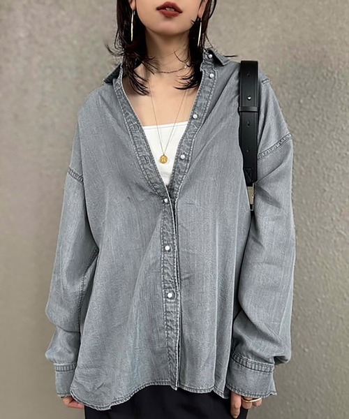 【新品未使用タグ付】【大人デニム】パール釦オーバーリヨセルデニムシャツ STYLEDOOR｜【大人デニム】パール釦オーバーリヨセルデニム