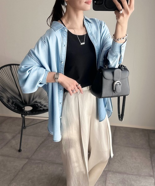 新品タグカット Emma Taylor パール釦オーバーデニムシャツ サックスB シルエット変更可◎大人デニム】パール釦オーバーデニムシャツ Emma