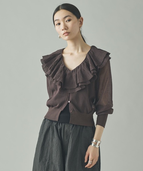 Curensology（カレンソロジー）の「Curensology(カレンソロジー)/ラッフルニットカーディガン（カーディガン/ボレロ・レディース・イエロー/ブラック/グレー/ブラウン・FREE）」の10枚目の写真