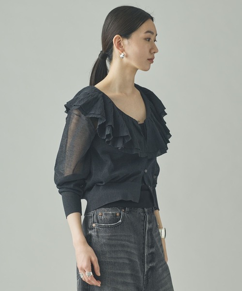 Curensology（カレンソロジー）の「Curensology(カレンソロジー)/ラッフルニットカーディガン（カーディガン/ボレロ・レディース・イエロー/ブラック/グレー/ブラウン・FREE）」の5枚目の写真