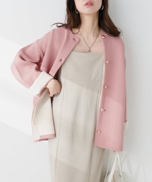 natural couture｜配色プレーティングポリニットカーデ
