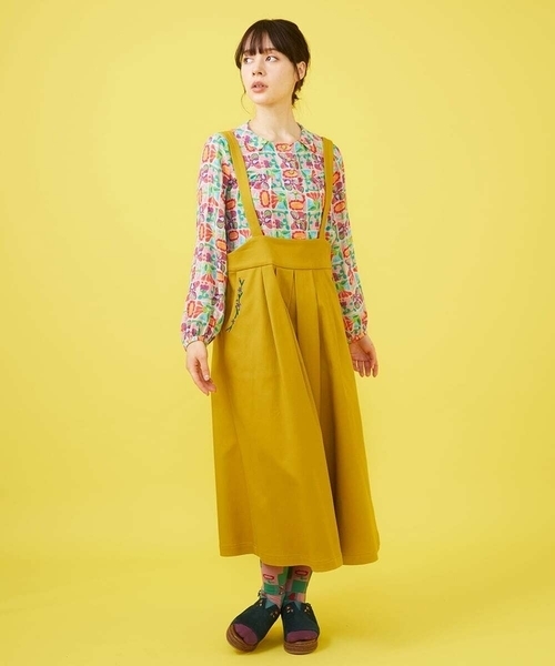 Jocomomola(ホコモモラ)の「カラーツイル フラワー刺繍サロペットスカート(スカート・レディース・イエロー/グリーン・40)」の3枚目の写真