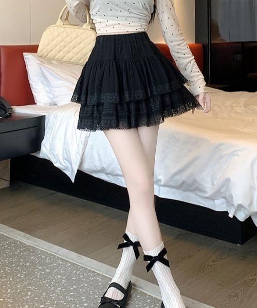 Mejoul(メジュール)の「【インナーパンツ付き】ダブルフリル レース ティアード ミニスカート(スカート・レディース・ホワイト/ブラック・F)」の16枚目の写真