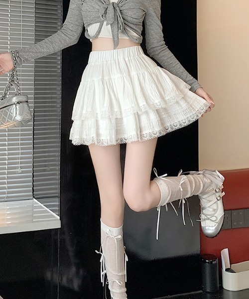 Mejoul(メジュール)の「【インナーパンツ付き】ダブルフリル レース ティアード ミニスカート(スカート・レディース・ホワイト/ブラック・F)」の11枚目の写真