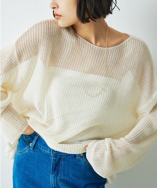 abahouse mavie（アバハウスマヴィ）の「リネンライクシアーニット/春服/夏服/メッシュ（ニット/セーター・レディース・アイボリー/グレー/グレイッシュブルー/ベージュ・フリー）」の2枚目の写真