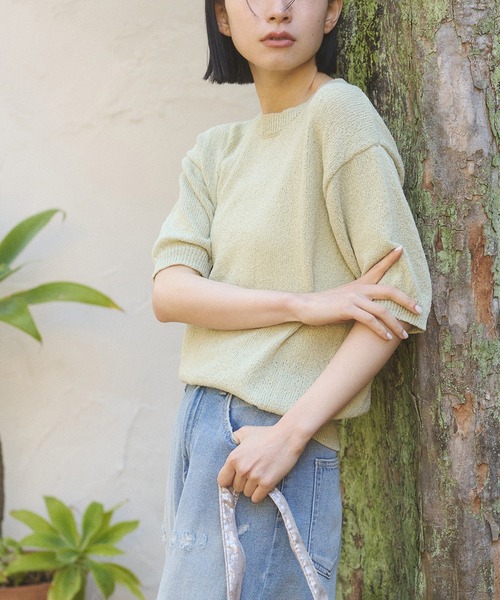 hunch（ハンチ）の「【WEB限定/別注】半袖 サマーニット（ニット/セーター・レディース・ブラック/クリーム/ダークベージュ/ライトグリーン・FREE）」の4枚目の写真