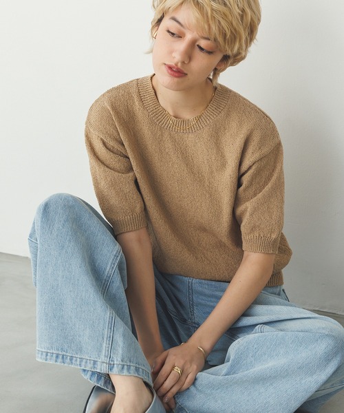 hunch（ハンチ）の「【WEB限定/別注】半袖 サマーニット（ニット/セーター・レディース・ブラック/クリーム/ダークベージュ/ライトグリーン・FREE）」の10枚目の写真