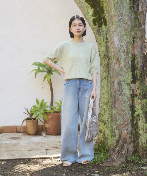 hunch（ハンチ）の「【WEB限定/別注】半袖 サマーニット（ニット/セーター・レディース・ブラック/クリーム/ダークベージュ/ライトグリーン・FREE）」の7枚目の写真