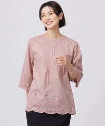 【洗える】セルロースライト刺繍 ピンタック ブラウス