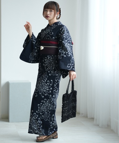 手染め注染浴衣3点セット utatane×注染工房 赤坂紬 黒地に古典乱菊