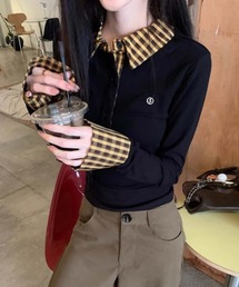チェック柄切り替え長袖Tシャツ ロン T ポロシャツ