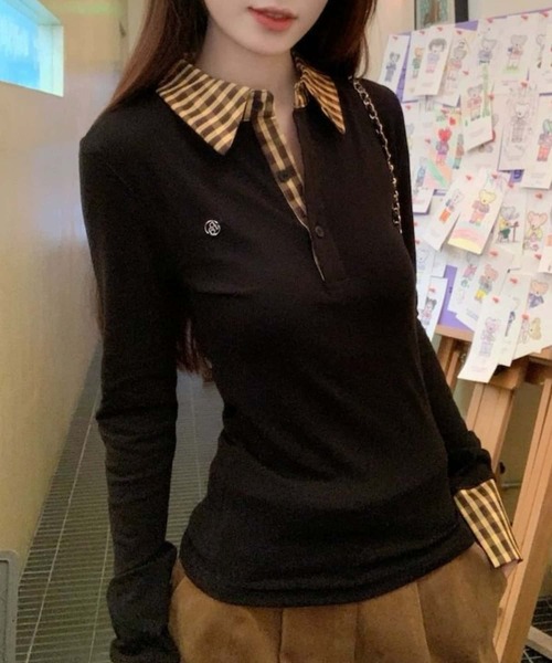 MAISON DE THERESE(メゾン ド テレーズ)の「チェック柄切り替え長袖Tシャツ ロン T ポロシャツ(Tシャツ/カットソー・レディース・ブルー/イエロー・M)」の7枚目の写真