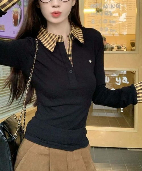 MAISON DE THERESE(メゾン ド テレーズ)の「チェック柄切り替え長袖Tシャツ ロン T ポロシャツ(Tシャツ/カットソー・レディース・ブルー/イエロー・M)」の3枚目の写真