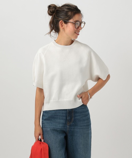 BAYFLOW（ベイフロー）の「[カジュアルになりすぎない]スウェットライクショートスリーブニット（スウェット・レディース・グリーン/オフホワイト/グレー・FREE）」の2枚目の写真