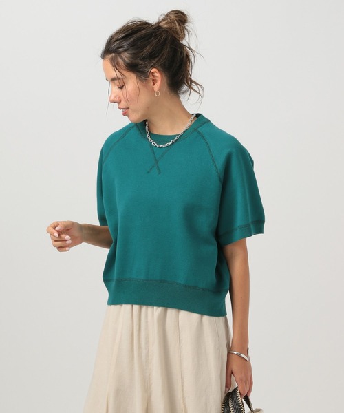 BAYFLOW（ベイフロー）の「[カジュアルになりすぎない]スウェットライクショートスリーブニット（スウェット・レディース・グリーン/オフホワイト/グレー・FREE）」の3枚目の写真