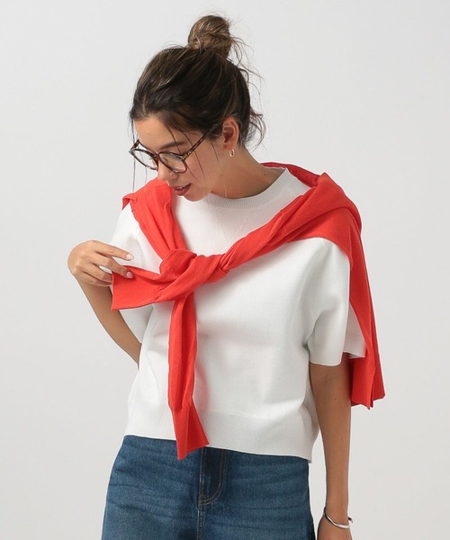 BAYFLOW（ベイフロー）の「[カジュアルになりすぎない]スウェットライクショートスリーブニット（スウェット・レディース・グリーン/オフホワイト/グレー・FREE）」の10枚目の写真