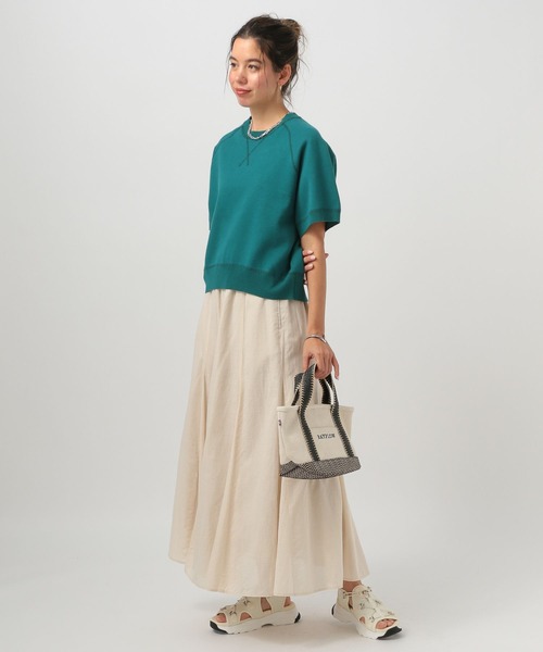 BAYFLOW（ベイフロー）の「[カジュアルになりすぎない]スウェットライクショートスリーブニット（スウェット・レディース・グリーン/オフホワイト/グレー・FREE）」の5枚目の写真