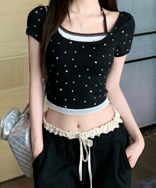 SHEPP(シープ)の「ドット リボン レース フェイクレイヤード ピチTシャツ ホルターネック風 半袖T(Tシャツ/カットソー・レディース・ホワイト/ブラック/グレー・F)」の1枚目の写真