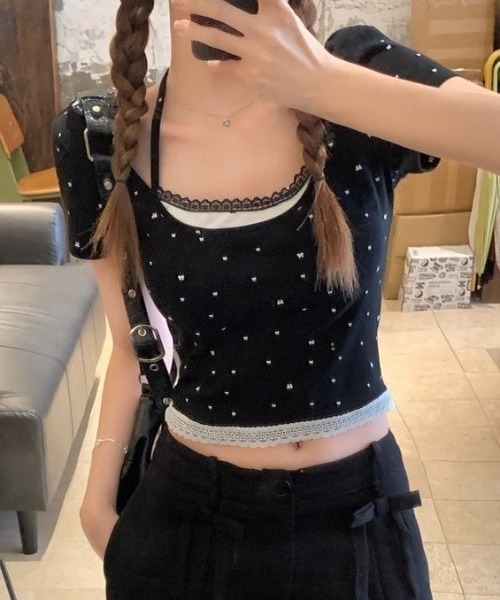 SHEPP(シープ)の「ドット リボン レース フェイクレイヤード ピチTシャツ ホルターネック風 半袖T(Tシャツ/カットソー・レディース・ホワイト/ブラック/グレー・F)」の12枚目の写真