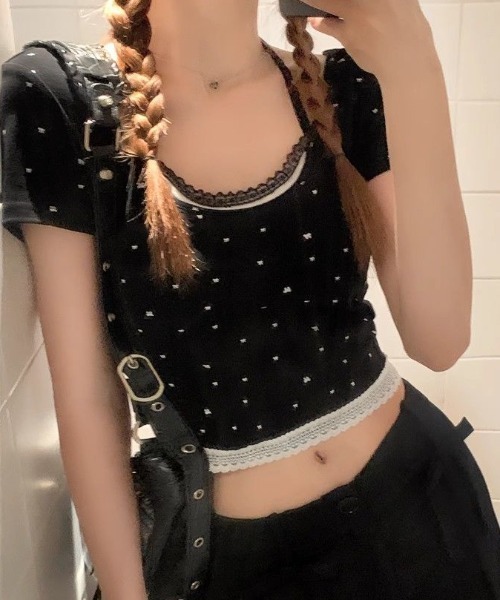 SHEPP(シープ)の「ドット リボン レース フェイクレイヤード ピチTシャツ ホルターネック風 半袖T(Tシャツ/カットソー・レディース・ホワイト/ブラック/グレー・F)」の11枚目の写真
