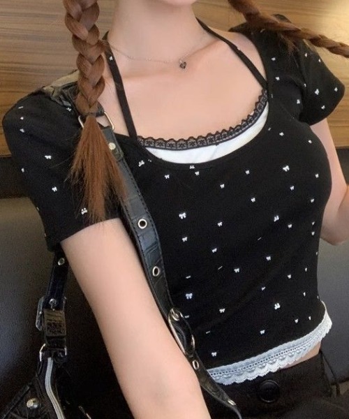 SHEPP(シープ)の「ドット リボン レース フェイクレイヤード ピチTシャツ ホルターネック風 半袖T(Tシャツ/カットソー・レディース・ホワイト/ブラック/グレー・F)」の10枚目の写真