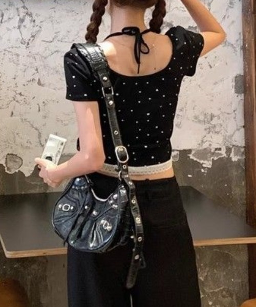 セール】ドット リボン レース フェイクレイヤード ピチTシャツ