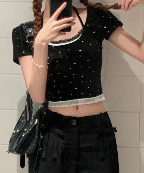 SHEPP(シープ)の「ドット リボン レース フェイクレイヤード ピチTシャツ ホルターネック風 半袖T(Tシャツ/カットソー・レディース・ホワイト/ブラック/グレー・F)」の8枚目の写真